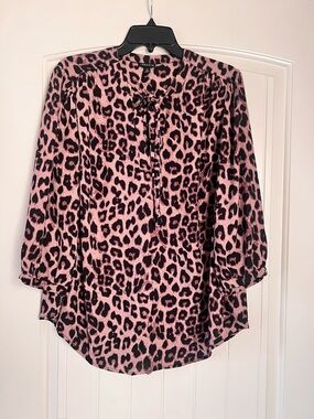 Torrid Leopard Print Tie Neck Woven Sheer Blouse Plus Size 0 (12-14) Casual Top